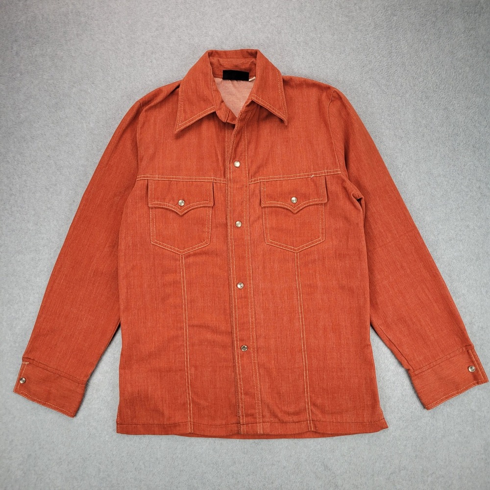 Style Western Shirt Mens S Burnt Orange 70s Vintage Pearl Snap Contrast Stitch